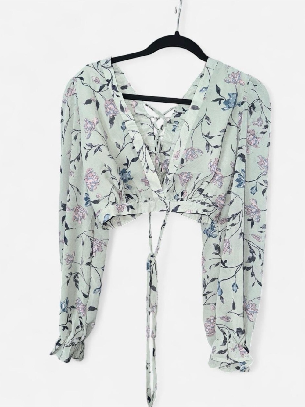 Blush J Floral Lace-Up Cropped Top - Mint Green with Pink and Blue Accents